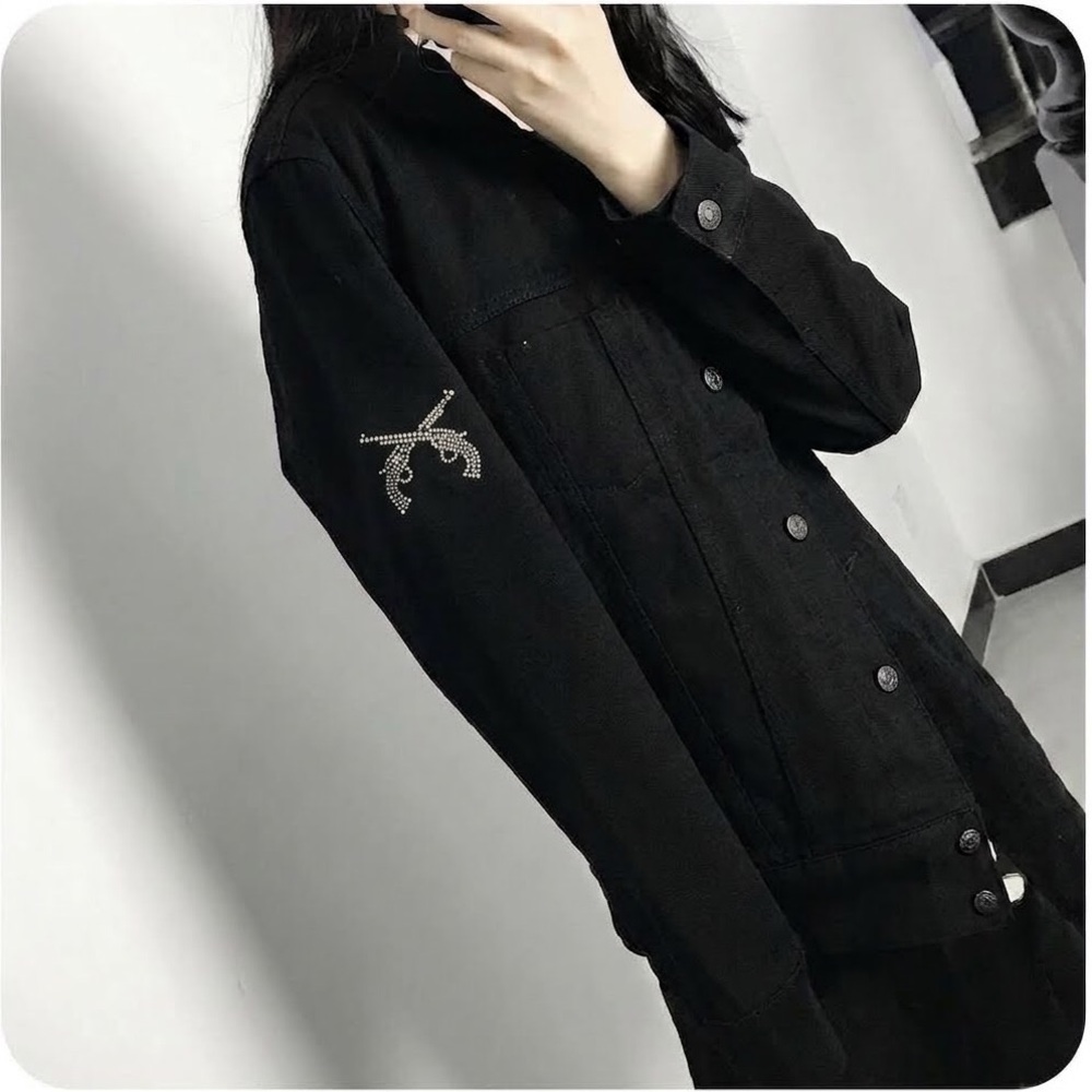 Roar Black Denim Bomber Jacket Rhinestone Crossed Guns Sleeve Rib Knit Trim